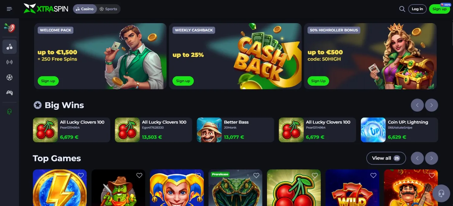Xtraspin casino homepage screenshot