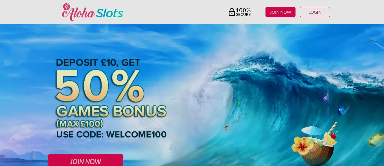 Aloha Slots Homepage Aloha Slots homepage welcome offer
