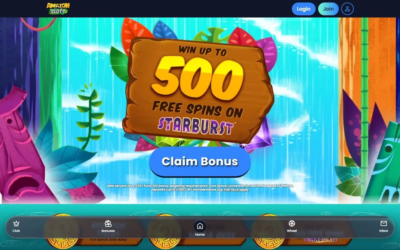 Current Amazon Slots homepage showing its welcome offer