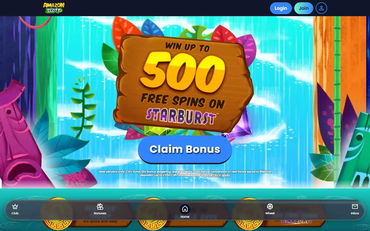 Current Amazon Slots homepage showing its August 2026 welcome offer