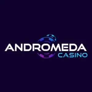 Andromeda Casino white and cyan wordmark on a dark purple background
