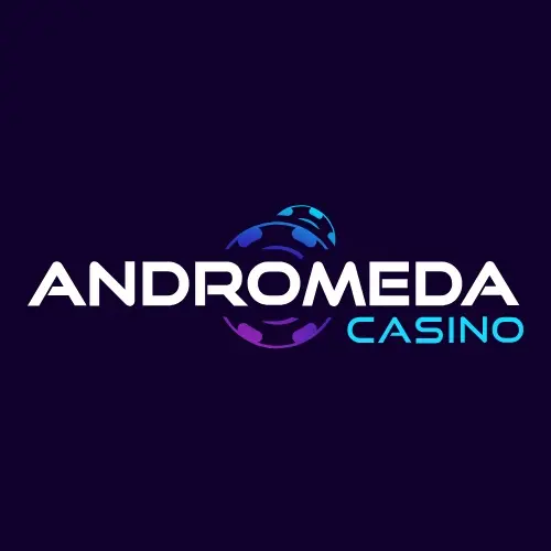 Andromeda Casino white and cyan wordmark on a dark purple background