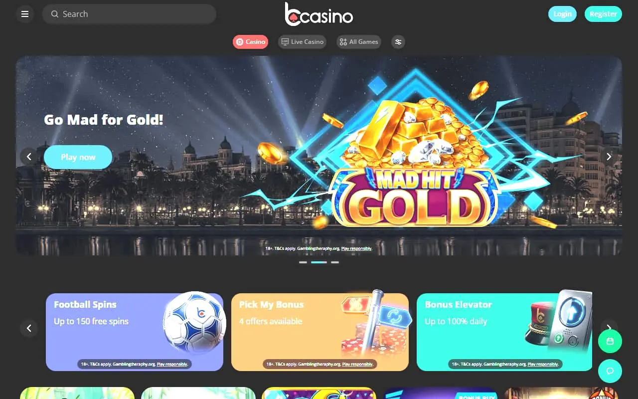 bCasino homepage August 2026 bCasino homepage showing current games and promotions