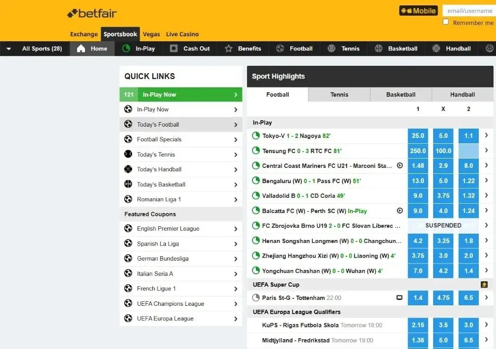 Betfair Exchange Homepage Betfair Exchange and Sportsbook navigation