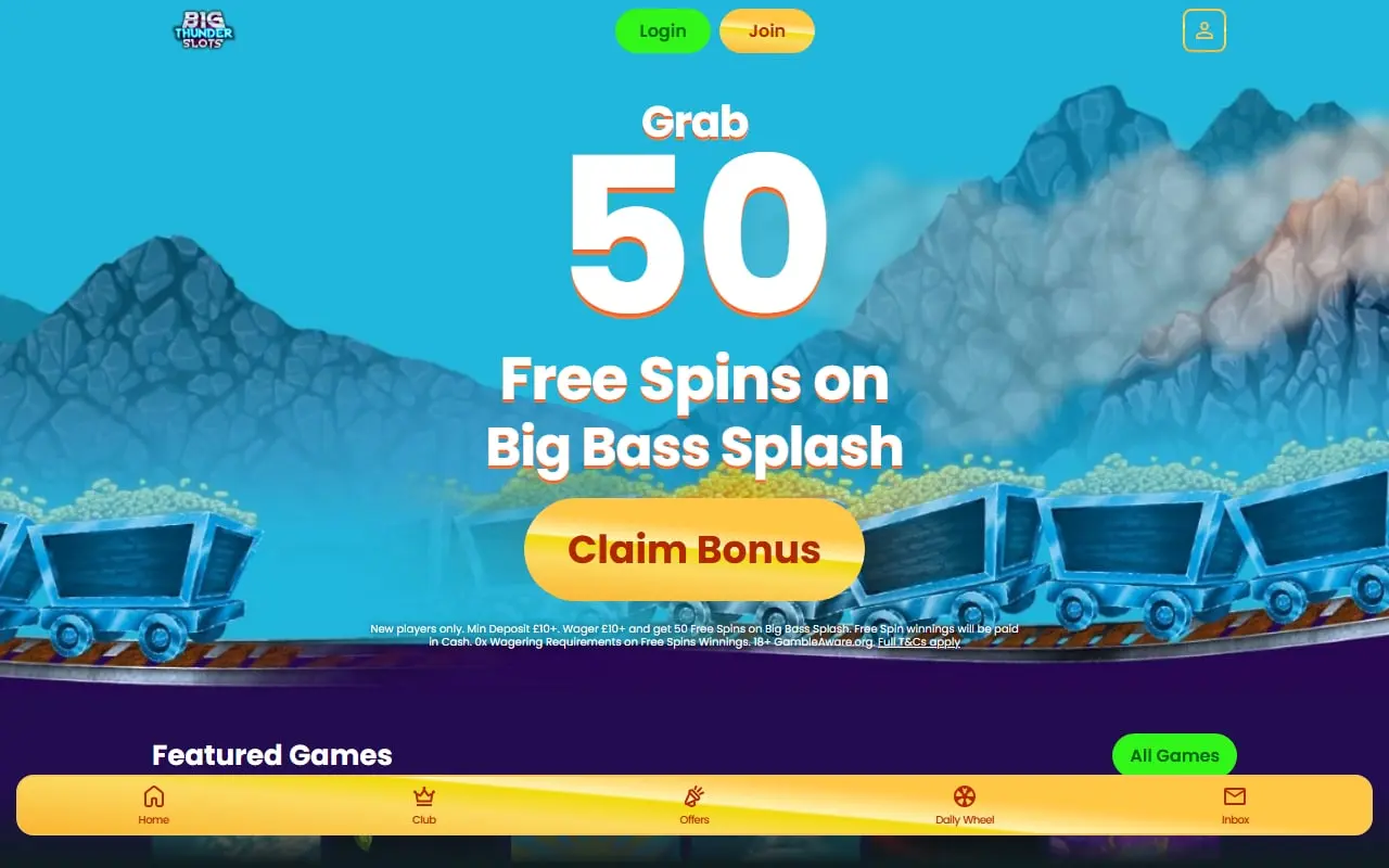 Current Big Thunder Slots homepage showing its free spins offer