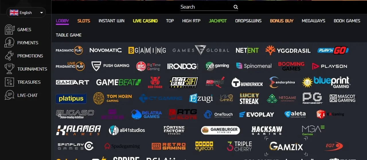 Bonanza Game Casino Lobby Bonanza Game Casino lobby showing its game categories and provider list