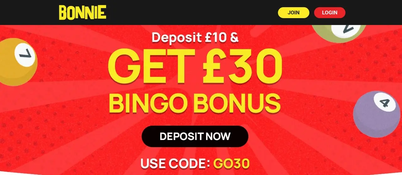 Bonnie Bingo Homepage Bonnie Bingo homepage showing the £30 bingo bonus and code GO30