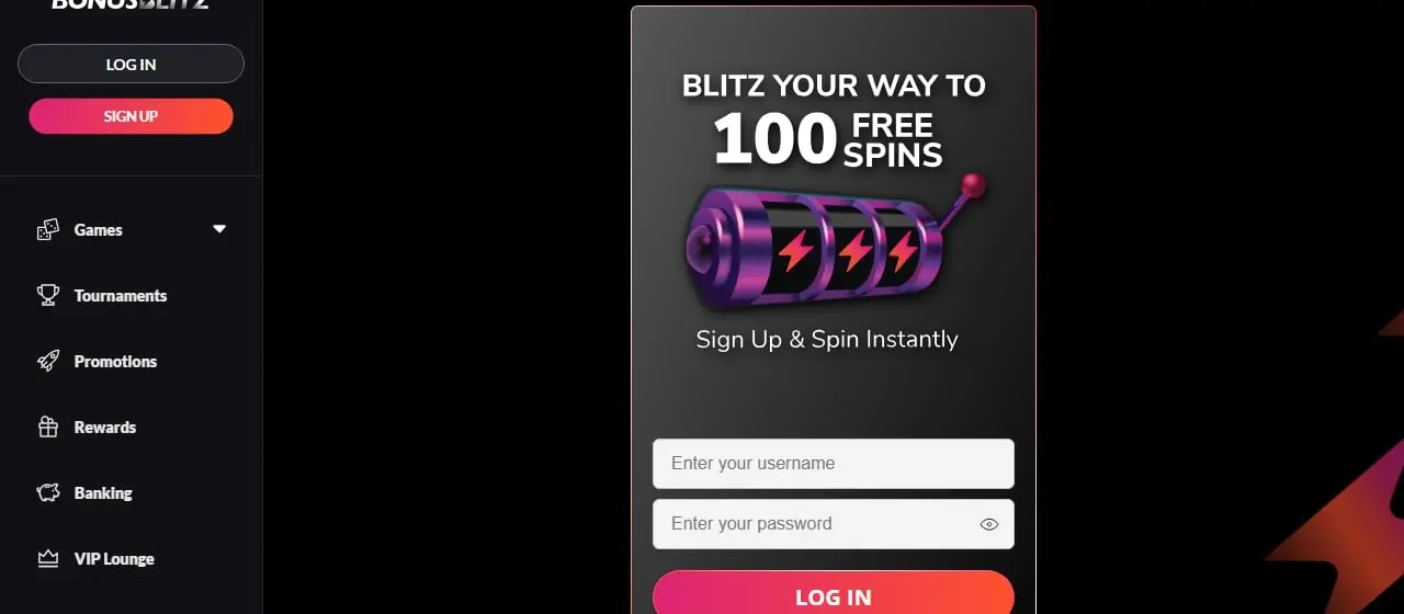 BonusBlitz Casino Homepage BonusBlitz Casino homepage showing the 100 free spins sign-up offer