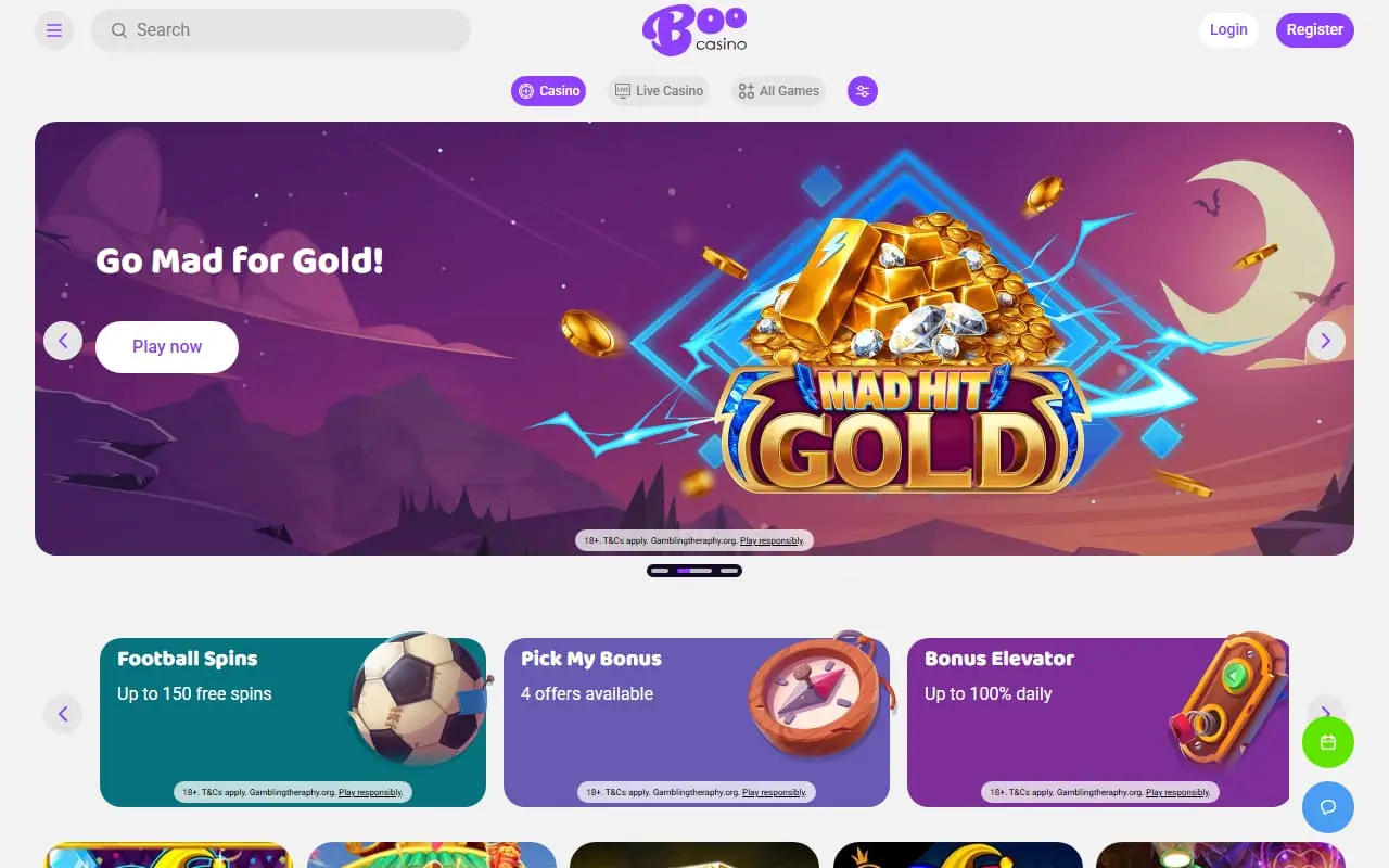 Boo Casino homepage August 2026 Boo Casino homepage showing current games and promotions