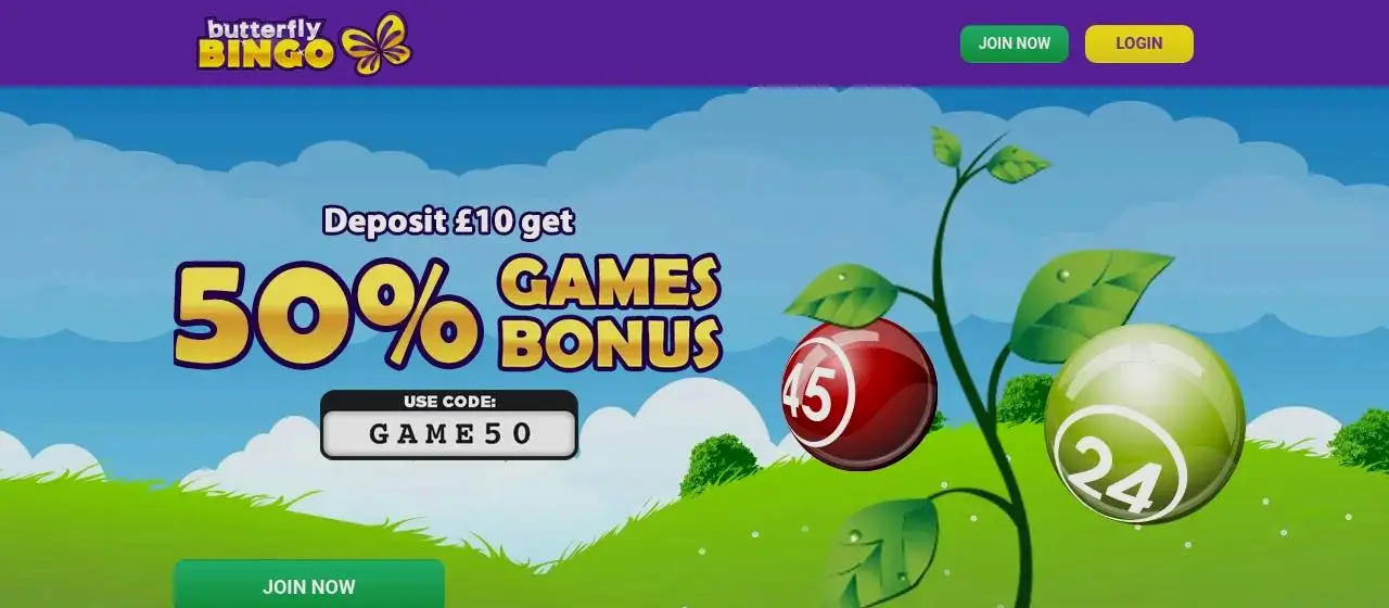 Butterfly Bingo Homepage Bright Butterfly Bingo homepage and welcome offer