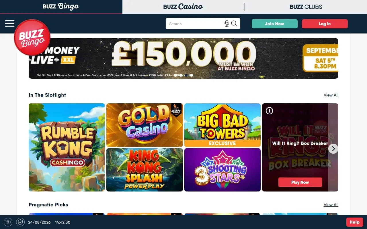 Buzz Bingo Homepage August 2026 Current Buzz Bingo homepage showing its slots lobby