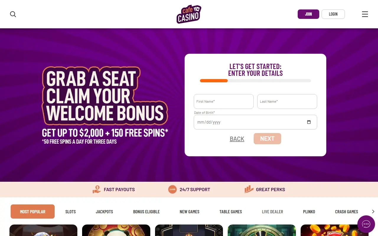 Cafe Casino homepage showing its welcome offer and game lobby