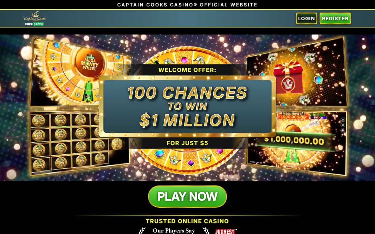 Captain Cooks Casino homepage showing the 100 chances for offer