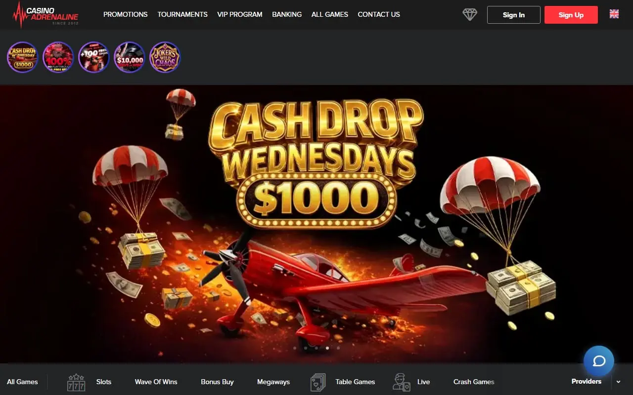 Casino Adrenaline homepage showing Cash Drop Wednesdays promotion