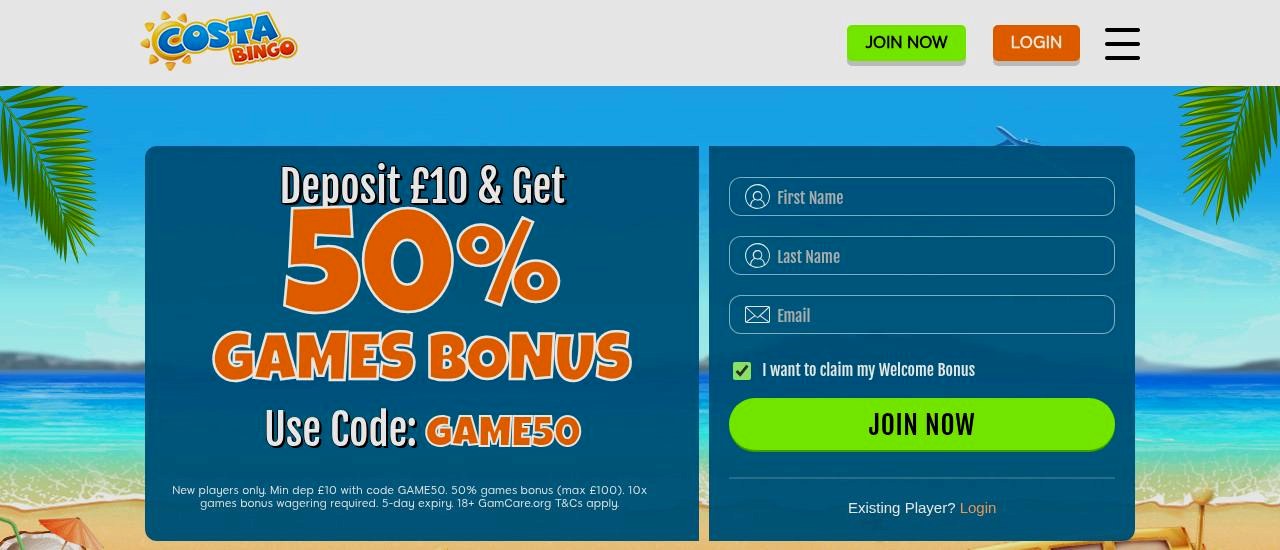 Costa Bingo Homepage Costa Bingo homepage