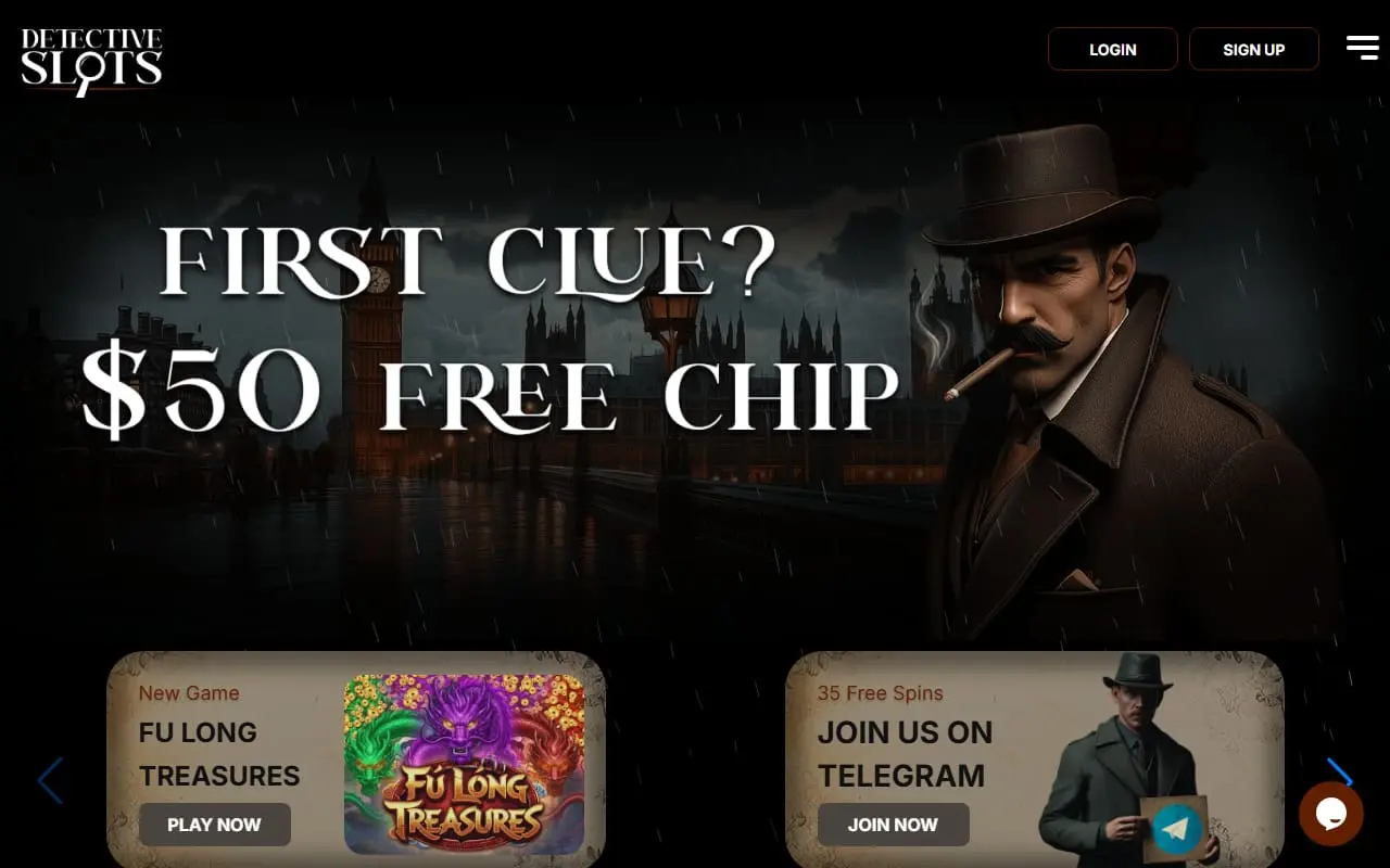 Detective Slots homepage and welcome promotion in August 2026