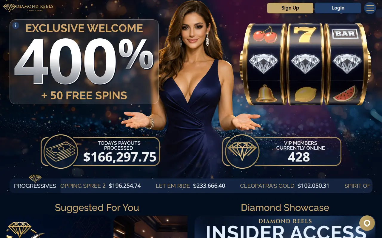 Diamond Reels Casino homepage showing a 400% welcome offer
