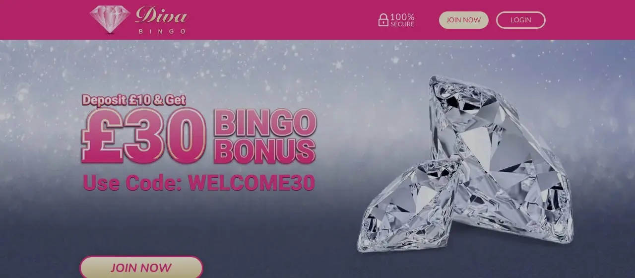 Diva Bingo Homepage Diva Bingo homepage showing the £30 bingo bonus and code WELCOME30