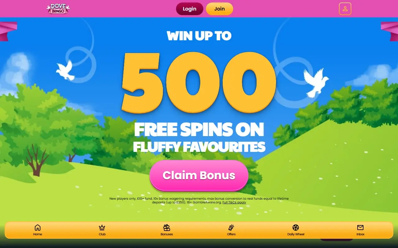 Dove Bingo Homepage Dove Bingo homepage screenshot