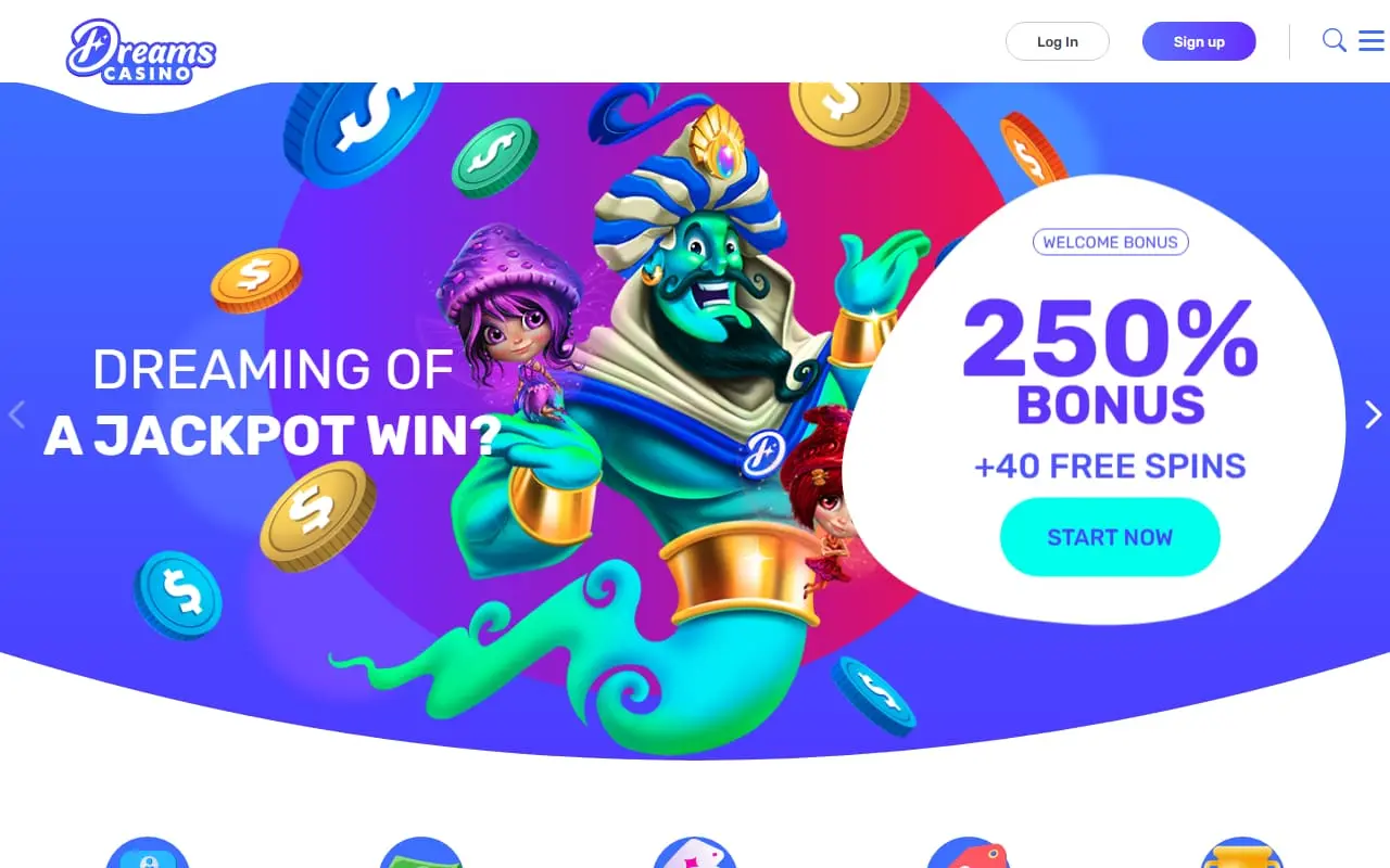 Dreams Casino homepage showing its welcome bonus banner