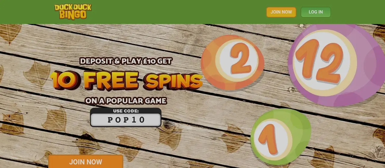 Duck Duck Bingo homepage showing the 10 free spins offer