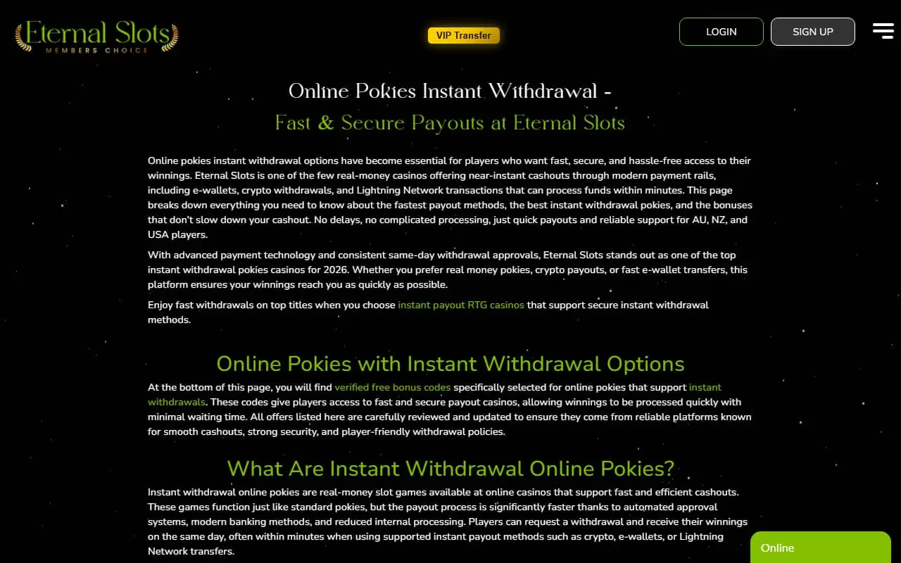 Eternal Slots homepage showing its branded site in August 2026