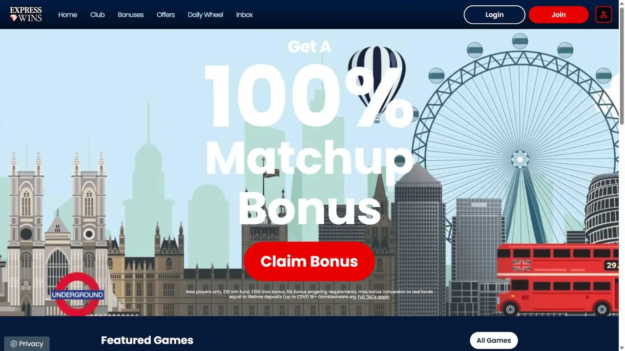 Express Wins homepage showing its 100% matchup bonus up to £150