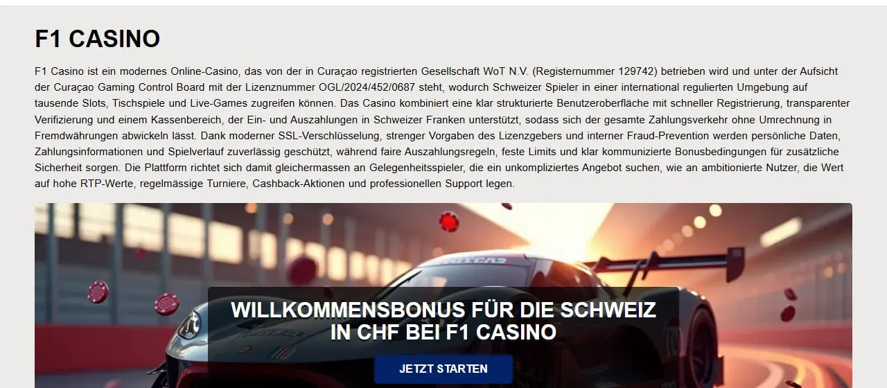 F1 Casino Homepage F1 Casino homepage stating operator WoT N.V. and Curacao licence OGL/2024/452/0687