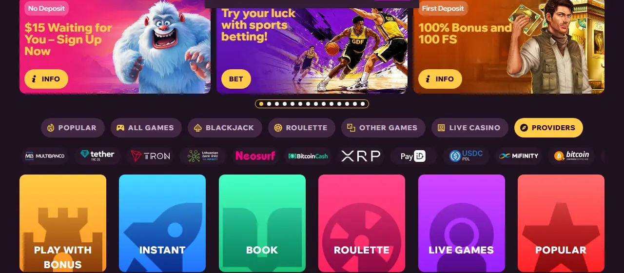 GDFPlay Casino Homepage GDFPlay homepage showing the 15 dollar no deposit sign-up offer and first deposit bonus