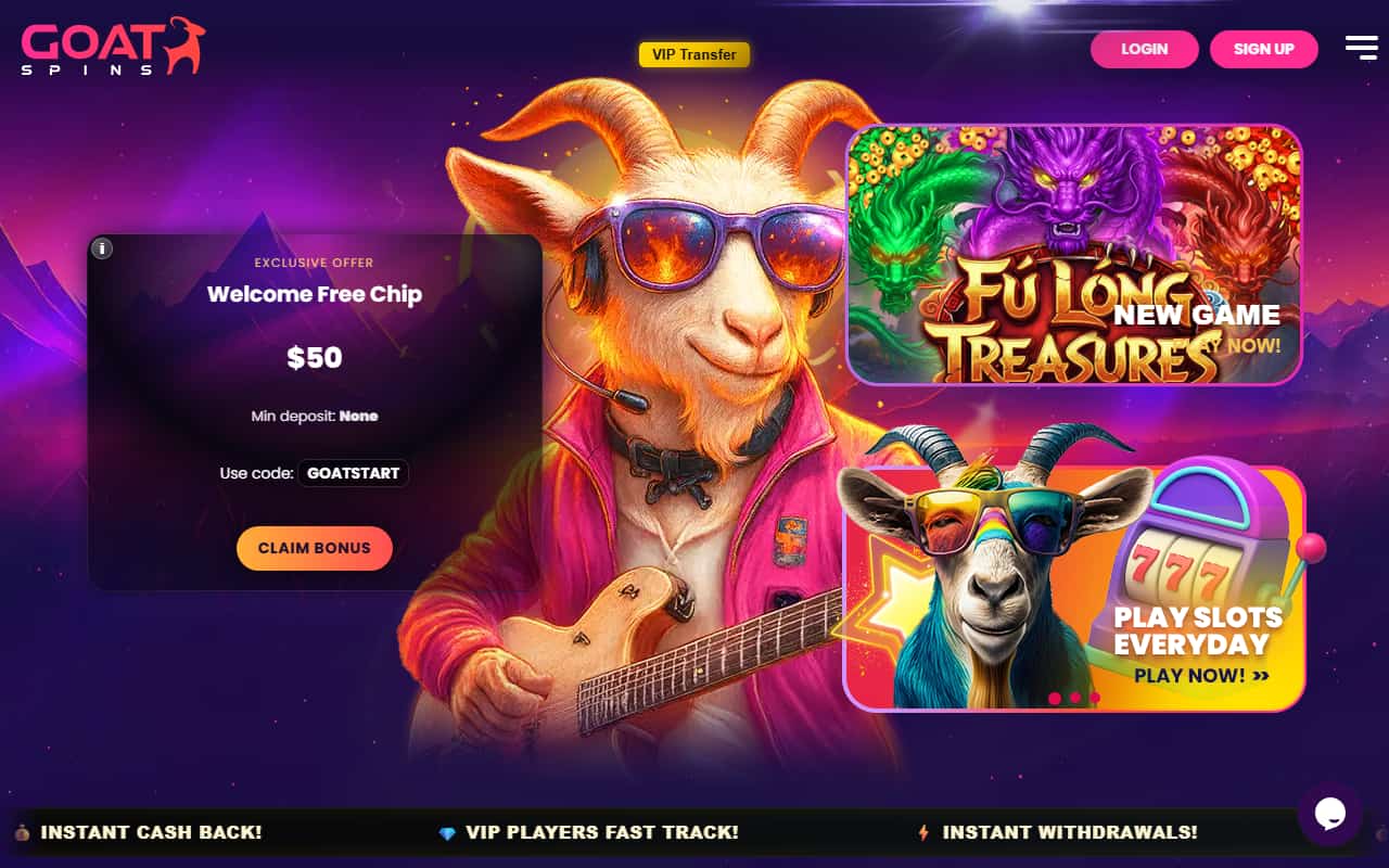 Goat Spins casino homepage showing the current welcome free-chip offer