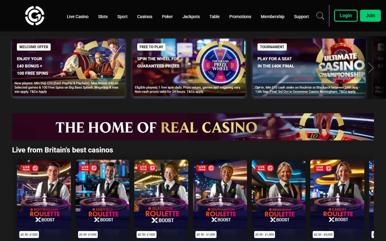 Grosvenor Casinos Homepage August 2026 Current Grosvenor Casinos homepage showing live casino games