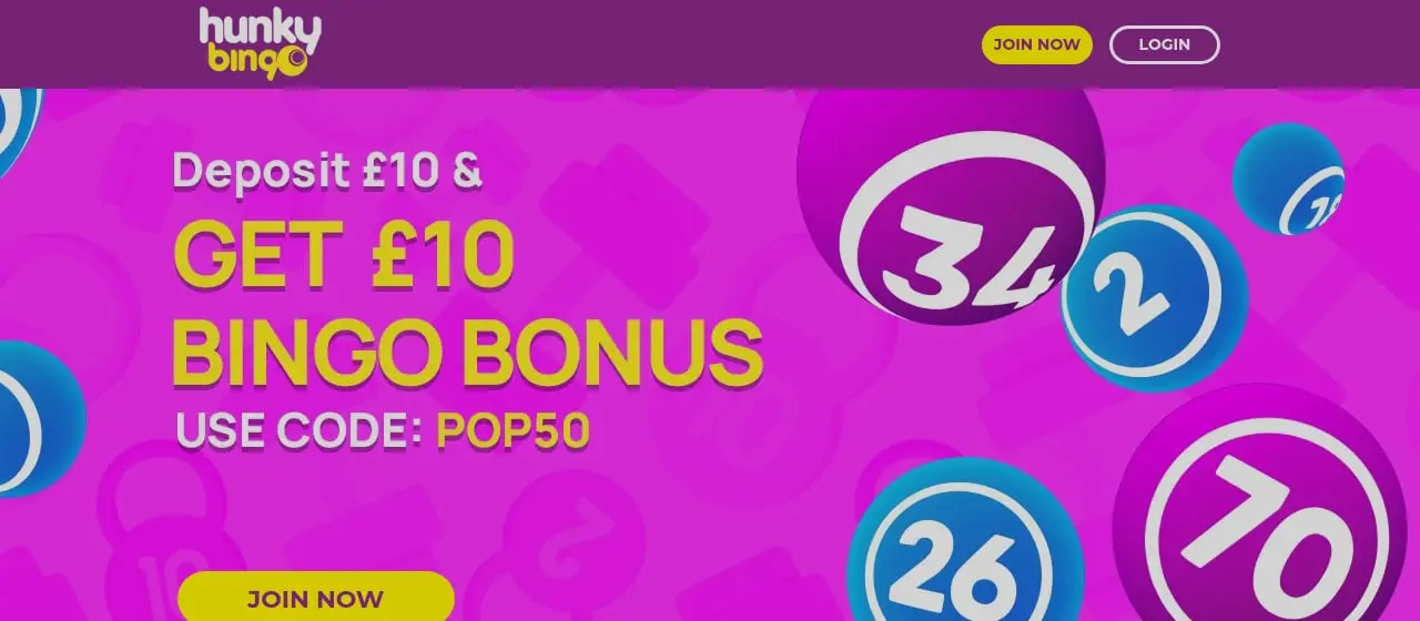 Hunky Bingo Homepage Hunky Bingo homepage showing the £10 bingo bonus and code POP50