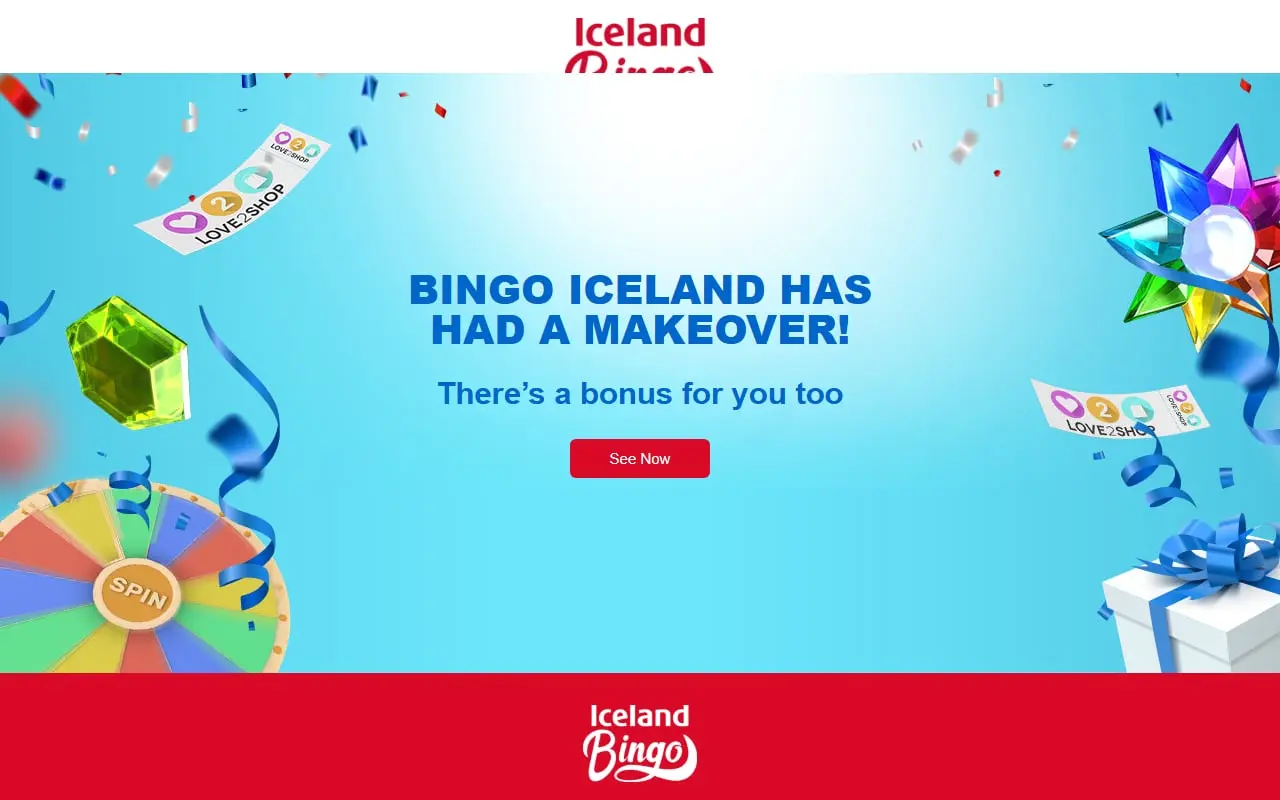 Iceland Bingo homepage showing the current makeover message and Prize Land hand-off