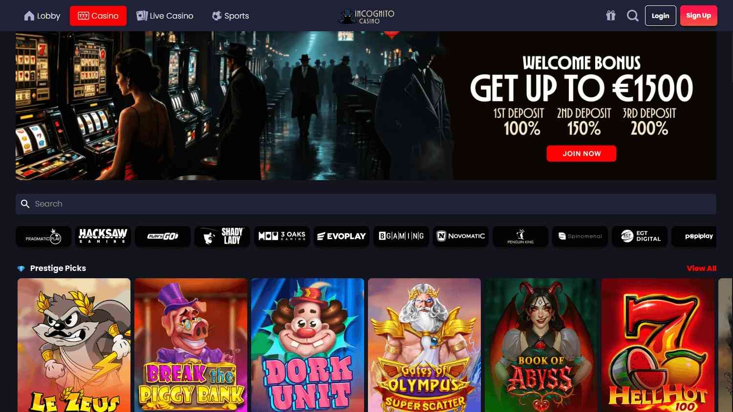 Incognito Casino Homepage Incognito Casino homepage
