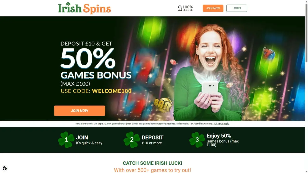 Irish Spins homepage showing the 50% games bonus and over 500 games