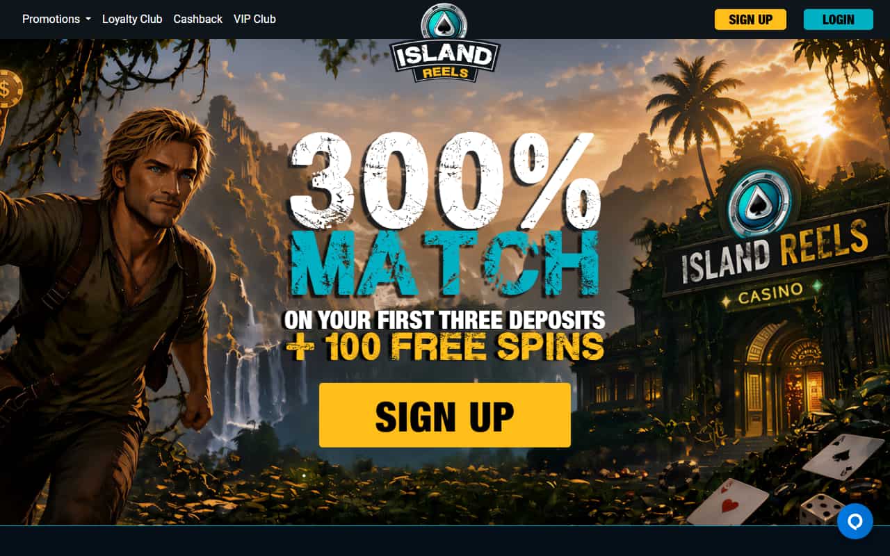 Island Reels homepage showing the 300% match offer and 100 free spins in August 2026