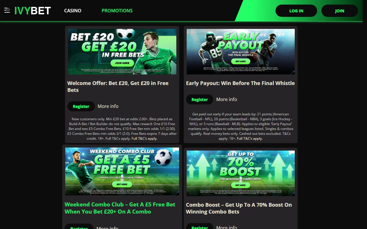 Ivy Bet Homepage Ivy Bet promotions page