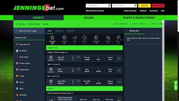 Historical JenningsBet.com online sportsbook and casino interface from the discontinued online product