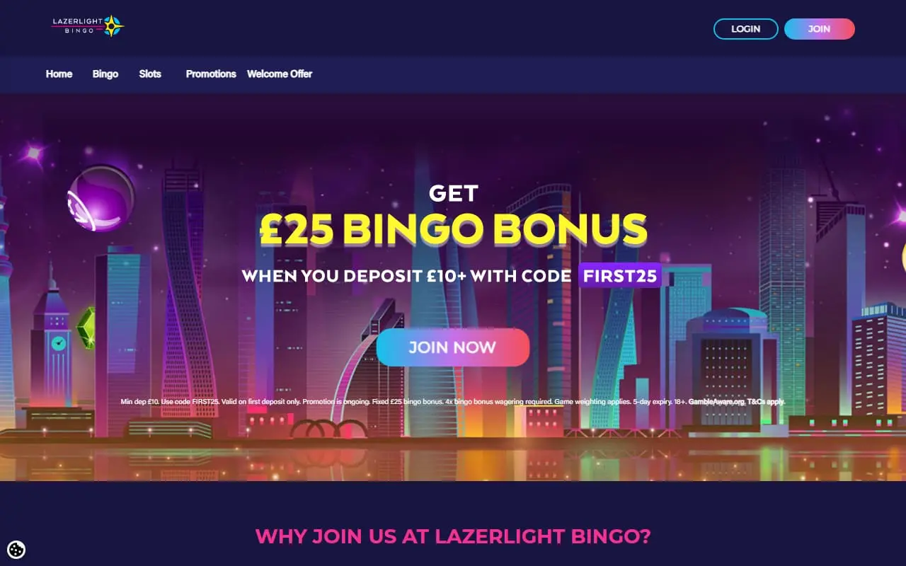 Lazerlight Bingo current homepage and welcome offer