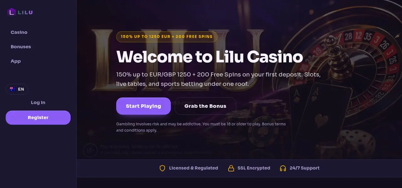 Lilu Casino homepage showing the 150% welcome offer and a Licensed and Regulated trust badge