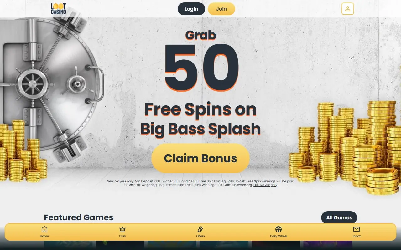 Current Loot Casino homepage showing its free spins offer