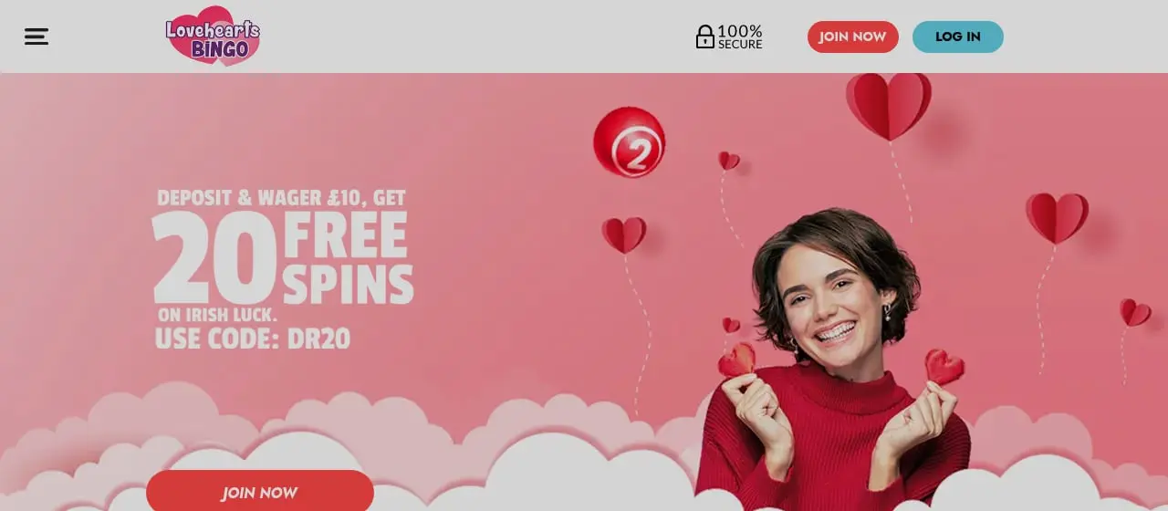 Lovehearts Bingo Homepage Lovehearts Bingo homepage showing 20 Irish Luck free spins and code DR20