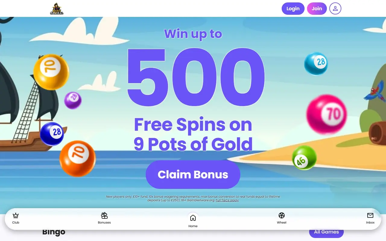 Lucky Admiral homepage showing the current Mega Reel offer