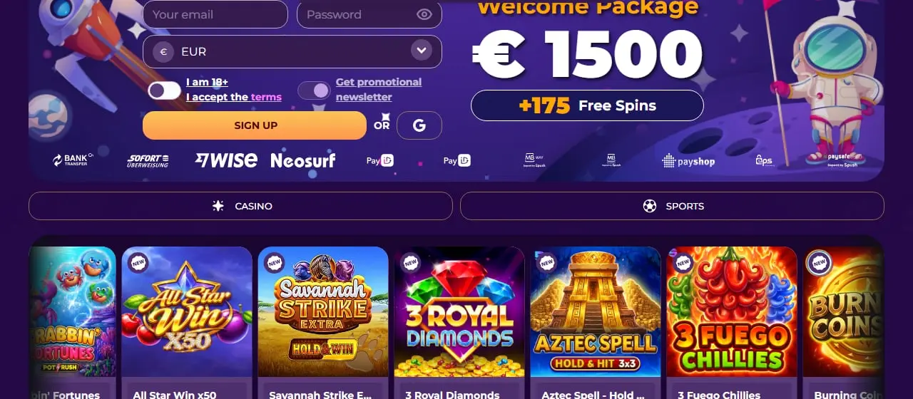 Milky Way Casino Homepage Milky Way Casino homepage showing the 1500 euro welcome package with 175 free spins