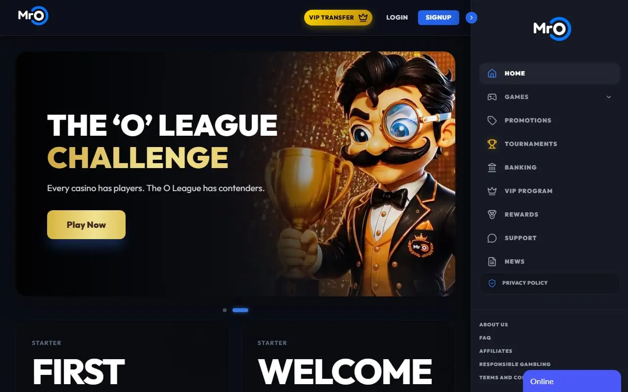 MrO Casino homepage and O League promotion in August 2026