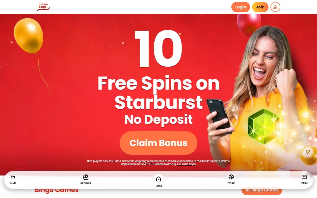 Current Nation Bingo homepage showing its August 2026 welcome offer