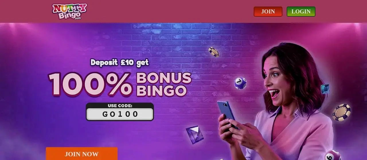 Nutty Bingo Homepage Bright Nutty Bingo homepage and welcome offer