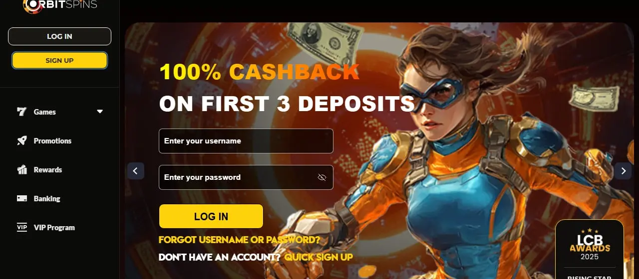 Orbit Spins Casino Homepage Orbit Spins Casino homepage showing 100 percent cashback on the first three deposits