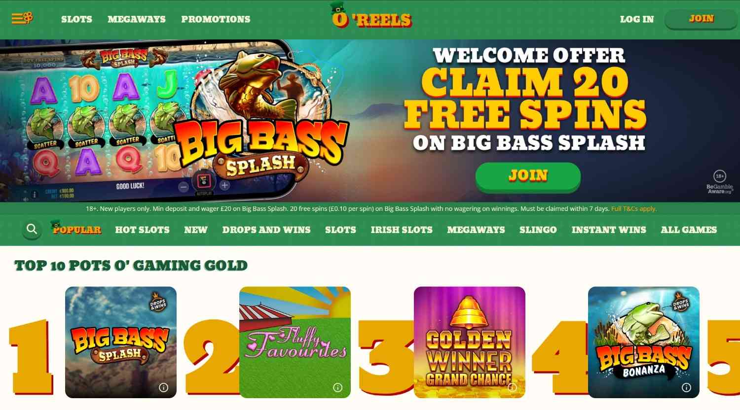 OReels Casino Homepage O'Reels Casino homepage
