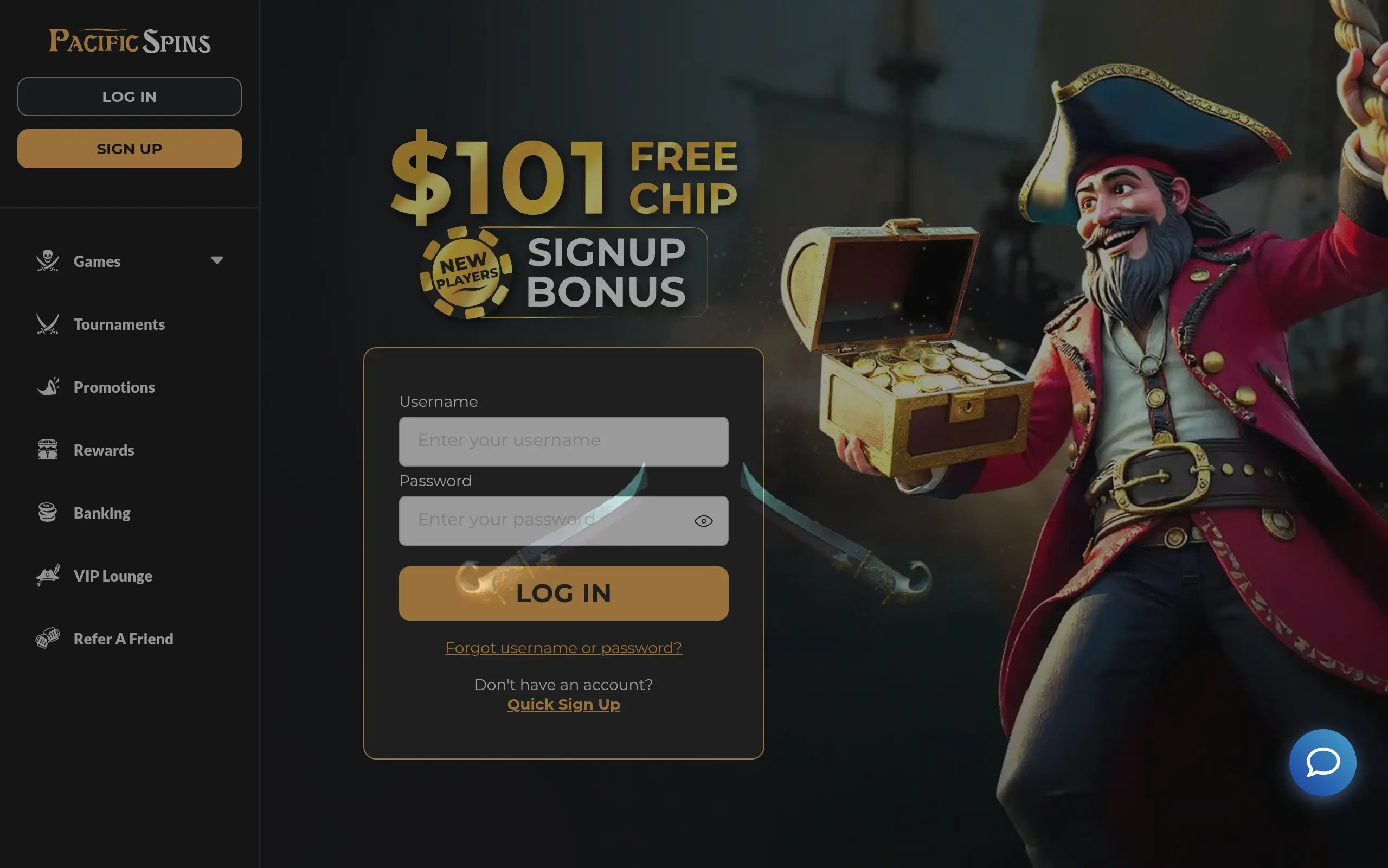 Pacific Spins homepage showing the sign-up chip and account panel